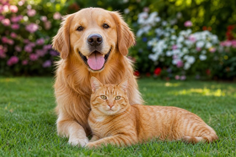 Illustration of a happy dog and cat